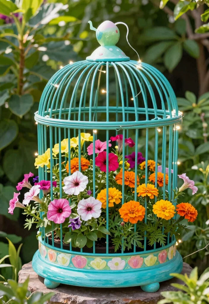 10 Bird Cage Planter Ideas for Vintage Garden Style 2. Whimsical Painted Bird Cage Planter 0
