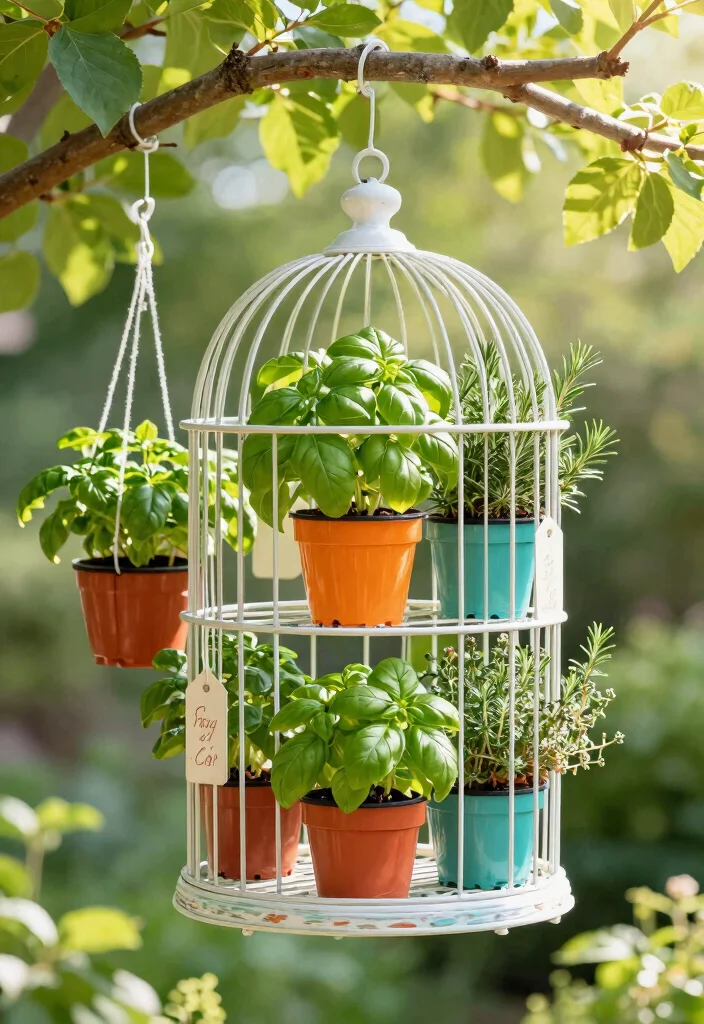 10 Bird Cage Planter Ideas for Vintage Garden Style 3. Hanging Bird Cage Herb Garden 0