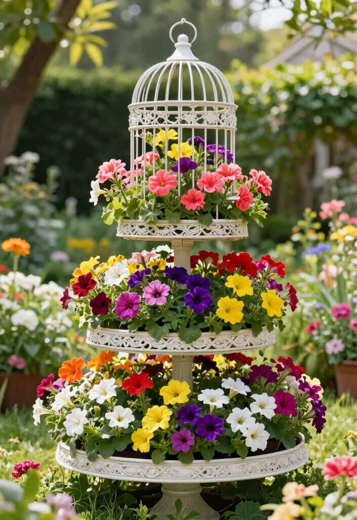 10 Bird Cage Planter Ideas for Vintage Garden Style 5. Multi Tiered Bird Cage Floral Display 0