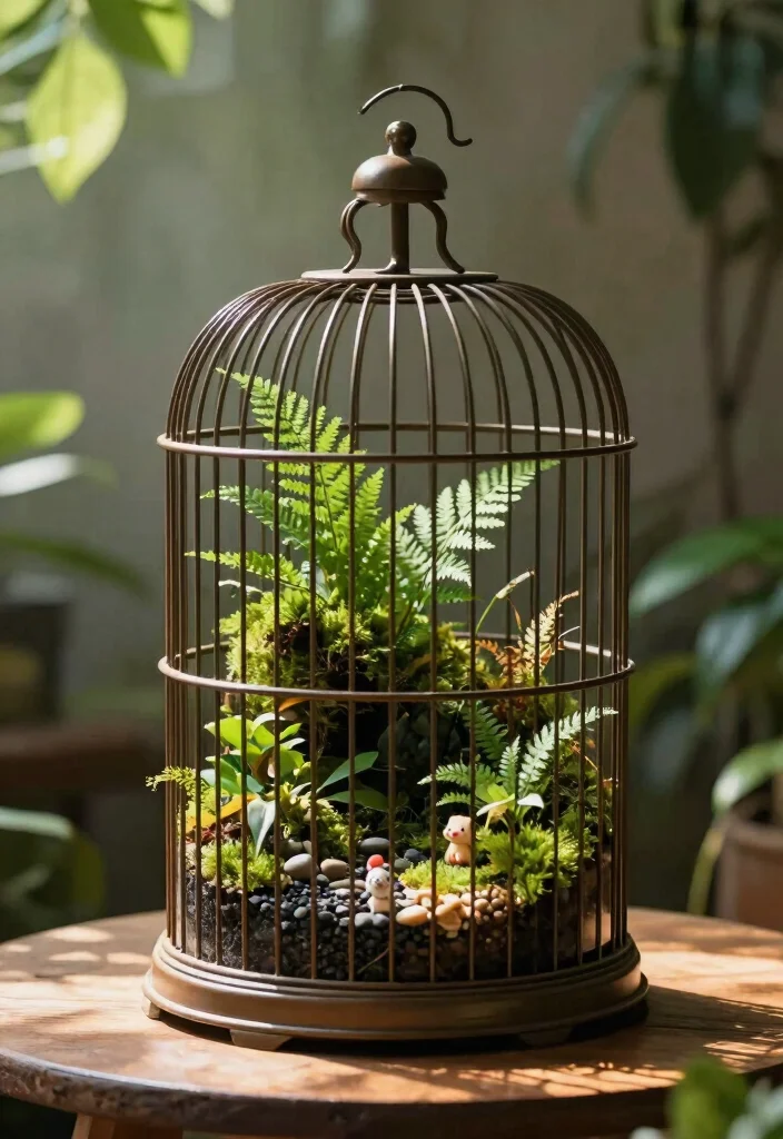 10 Bird Cage Planter Ideas for Vintage Garden Style 6. Bird Cage Terrarium 0