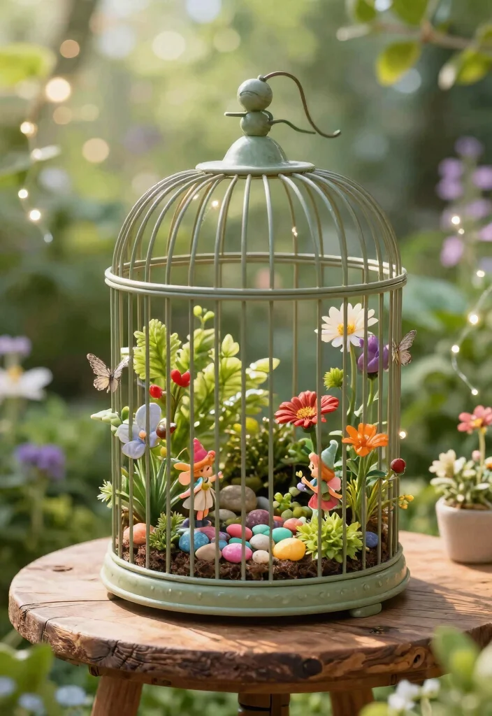 10 Bird Cage Planter Ideas for Vintage Garden Style 8. Miniature Fairy Garden in a Bird Cage 0