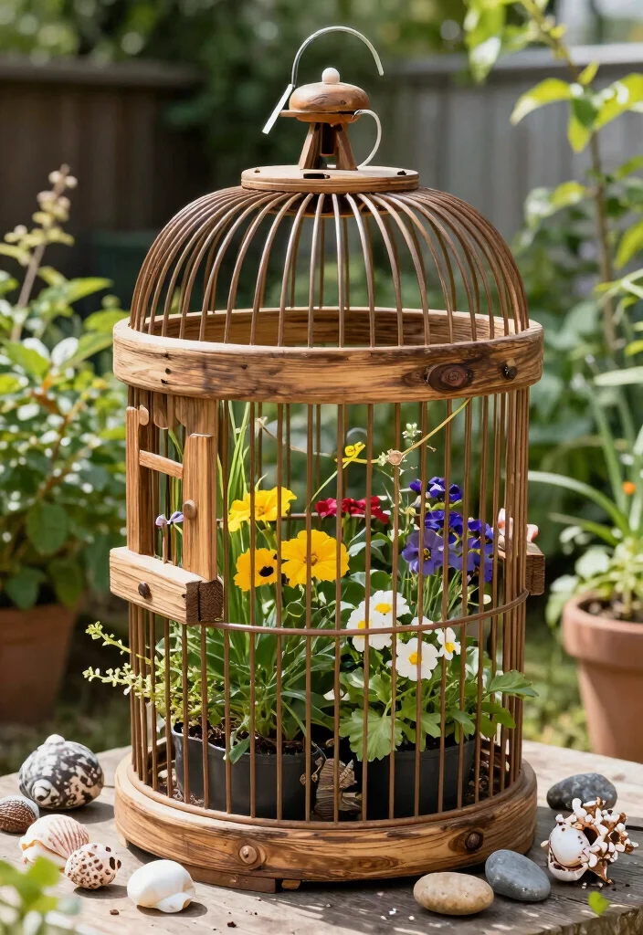 10 Bird Cage Planter Ideas for Vintage Garden Style 9. Upcycled Bird Cage with Recycled Materials 0