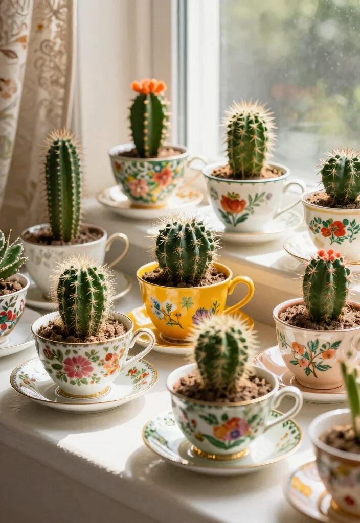 10 Cactus Planter Ideas for Low Water Gardens 3. Vintage Teacup Planters 0