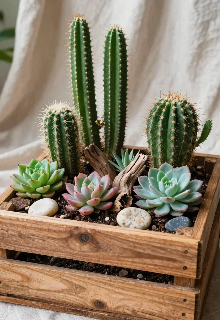 10 Cactus Planter Ideas for Low Water Gardens 4. Wooden Crate Garden 0