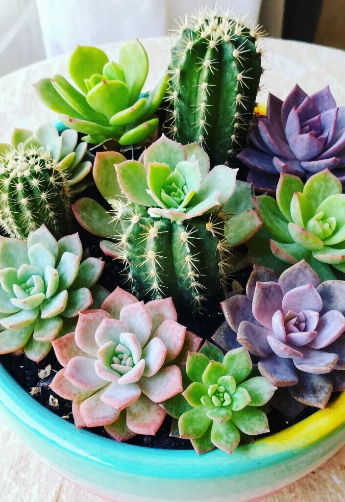 10 Cactus Planter Ideas for Low Water Gardens 9. Colorful Succulent and Cactus Combo 0