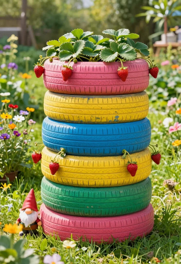 10 DIY Strawberry Planter Ideas That Save Space 4. Recycled Tire Planters 0