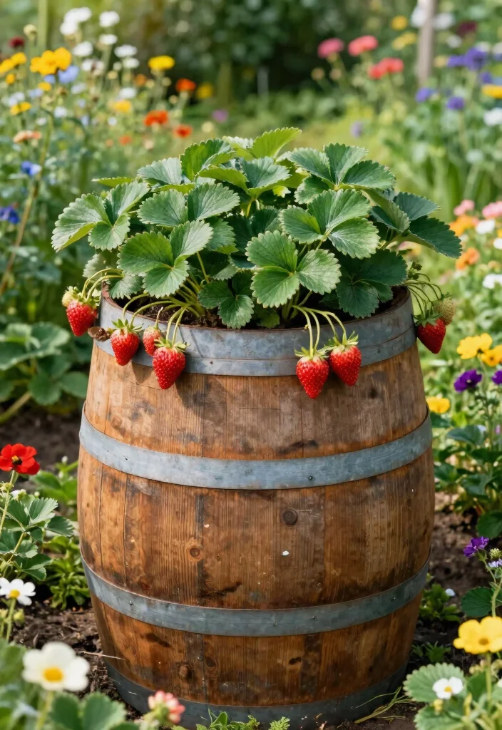 10 DIY Strawberry Planter Ideas That Save Space 5. Wine Barrel Planters 0