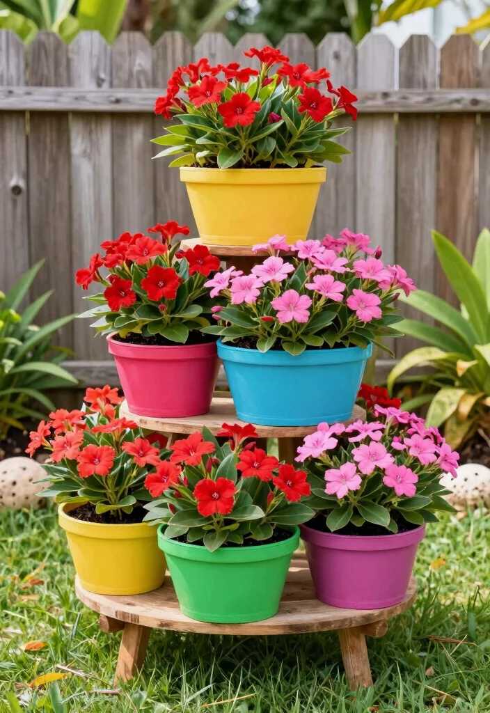 10 Dipladenia Planter Ideas for Bright and Hardy Blooms 1. Colorful Tiered Planters 0
