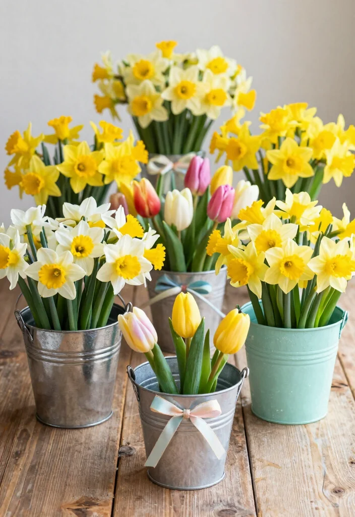 10 Easter Planter Ideas for Spring Decorating 7. Decorative Metal Buckets with Spring Blooms 0