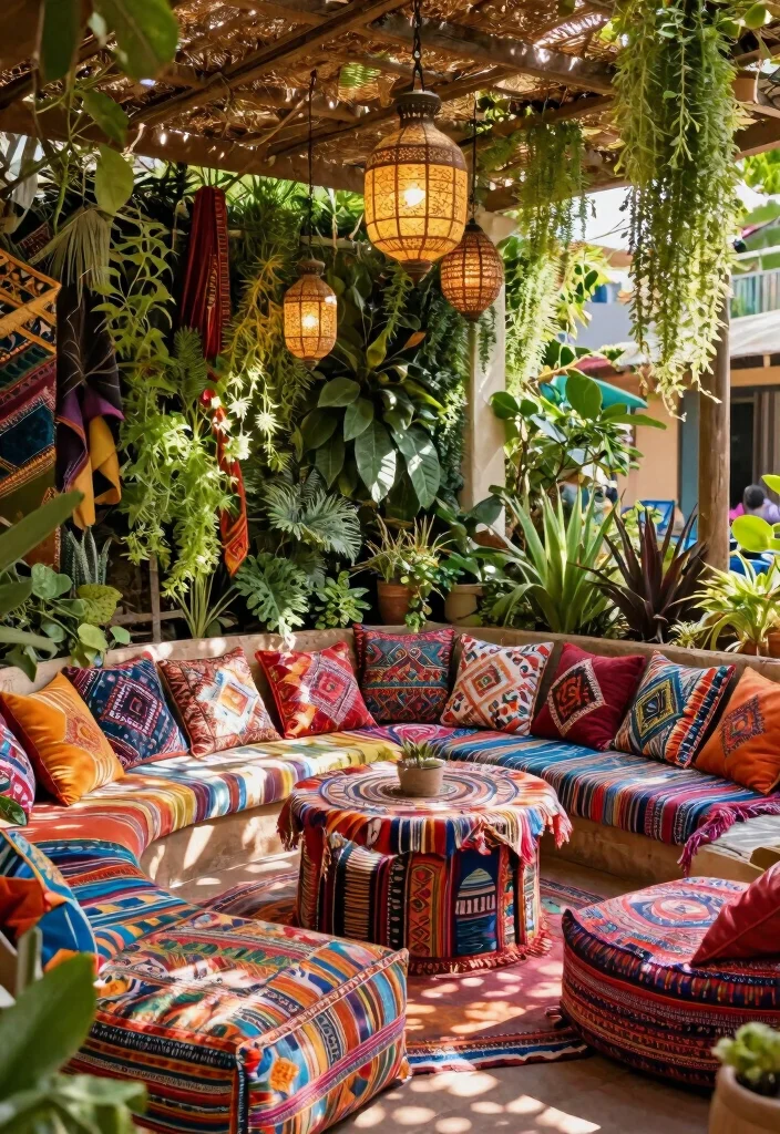 10 Extended Covered Patio Ideas for Entertaining Guests 3. Bohemian Bliss with Colorful Textiles 0