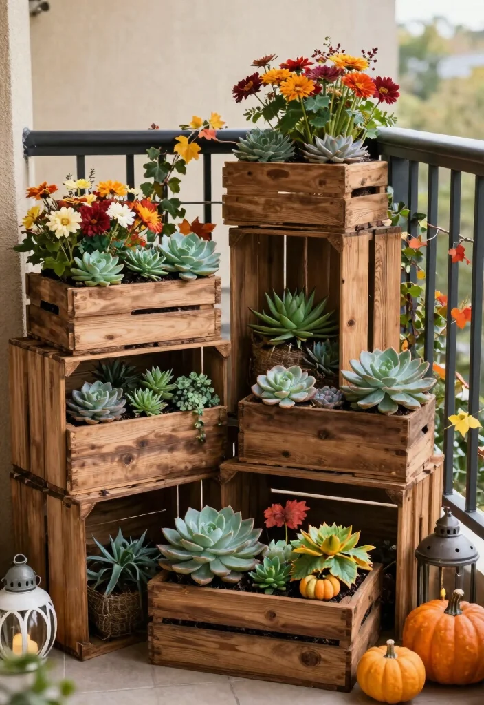 10 Fall Planter Ideas for Cozy Seasonal Decor 3. Rustic Wooden Crates and Succulents 0