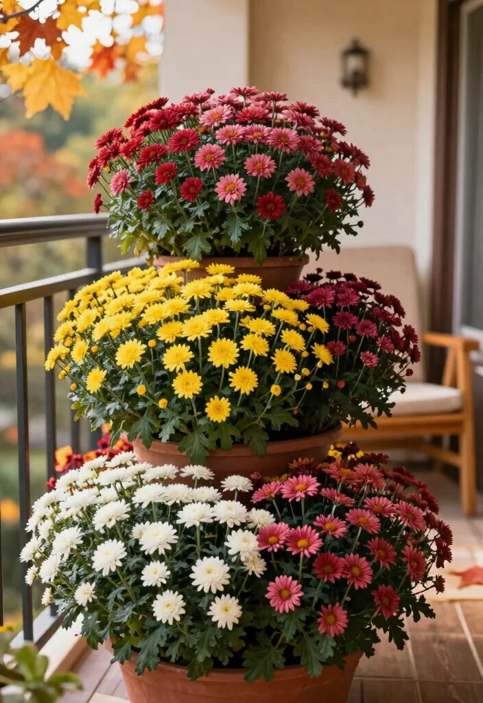10 Fall Planter Ideas for Cozy Seasonal Decor 4. Colorful Mums in Tiered Planters 0