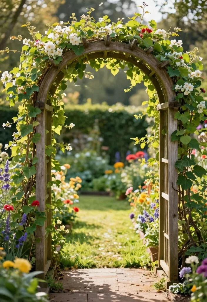 10 Garden Arch Trellis Ideas for Entrances and Pathways 1. Rustic Wooden Arch with Climbing Vines 0
