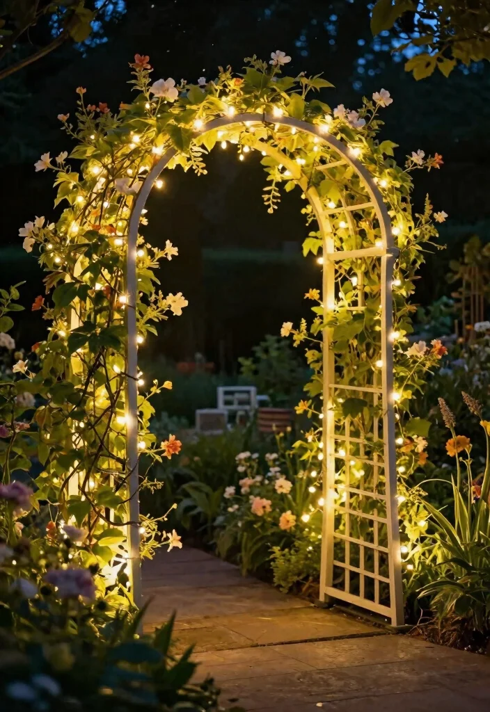 10 Garden Arch Trellis Ideas for Entrances and Pathways 10. Arch Trellis with Lighting 0