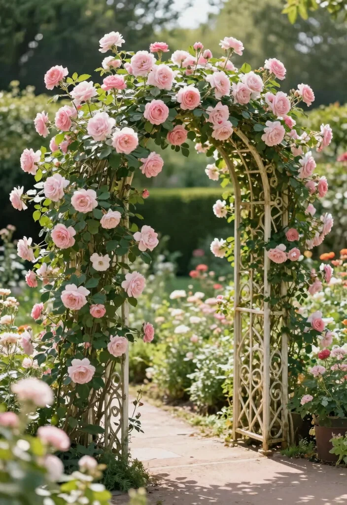 10 Garden Arch Trellis Ideas for Entrances and Pathways 4. Vintage Iron Trellis with Climbing Roses 0