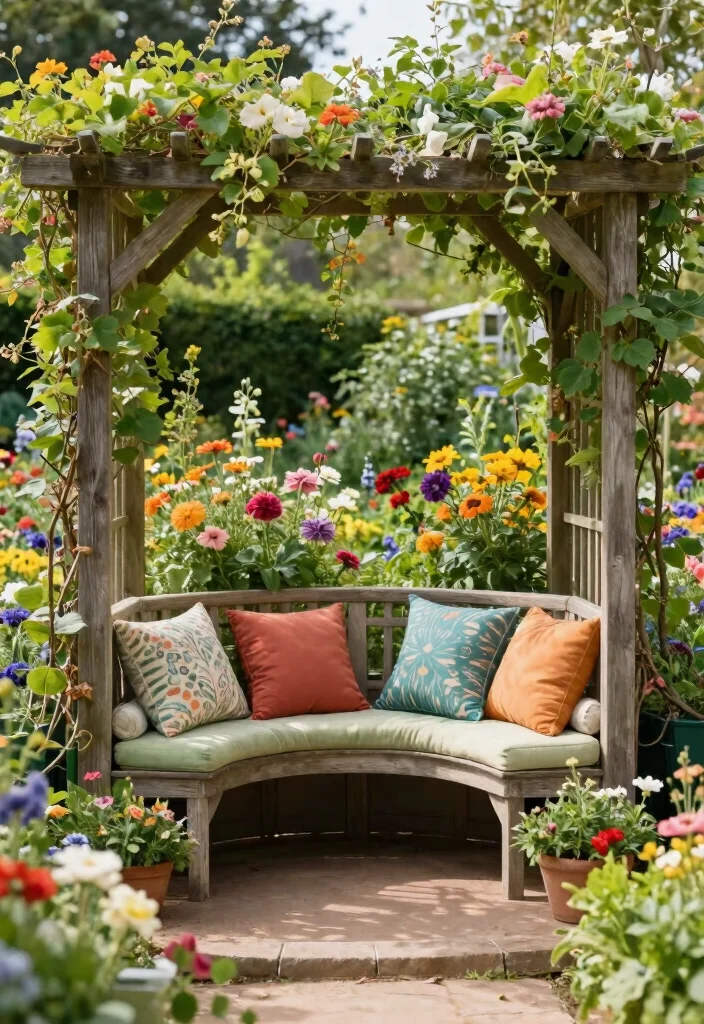 10 Garden Arch Trellis Ideas for Entrances and Pathways 9. Trellis with Built in Seating 0