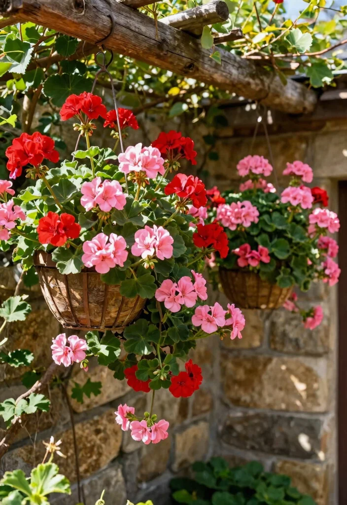 10 Geranium Planter Ideas for Classic Color 1. Cascading Geraniums in Hanging Baskets 0
