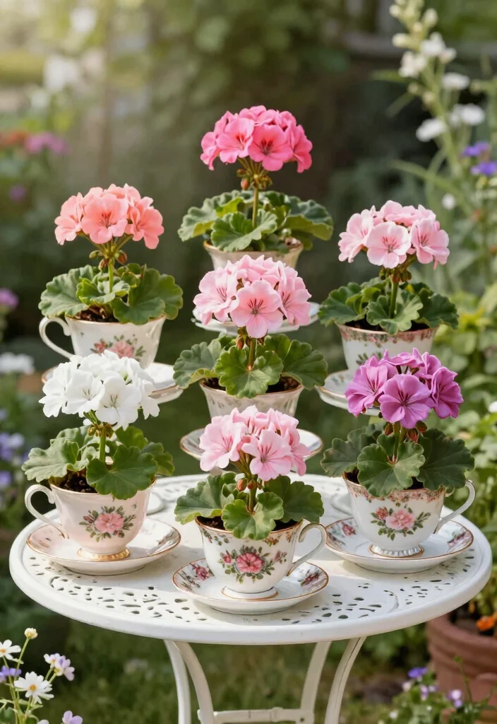 10 Geranium Planter Ideas for Classic Color 2. Vintage Tea Cups as Unique Planters 0