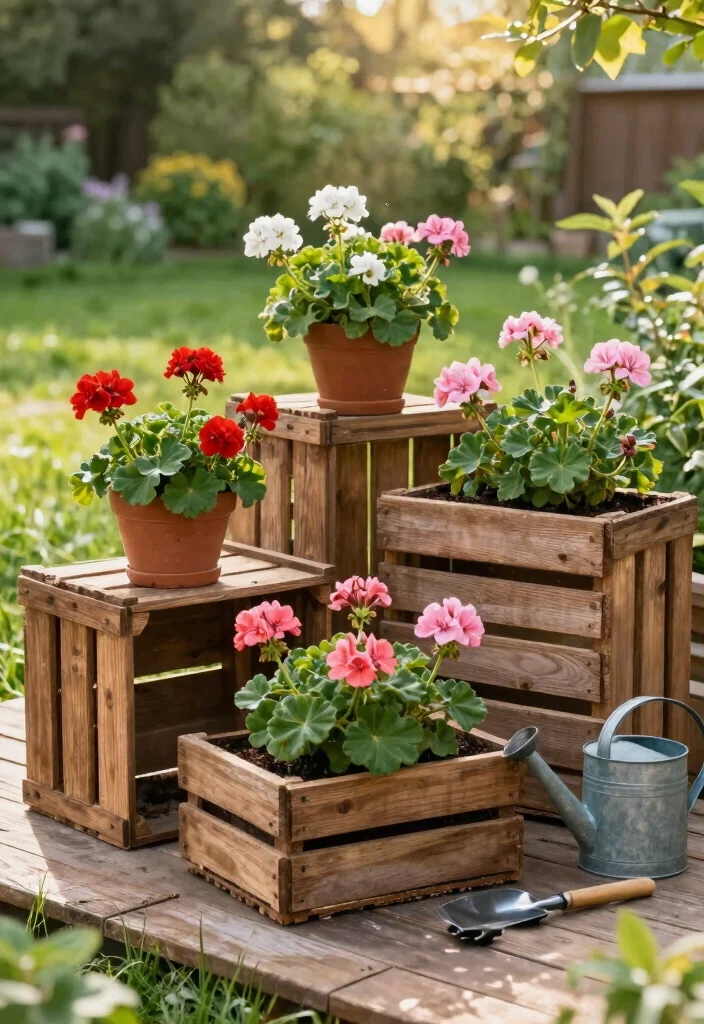 10 Geranium Planter Ideas for Classic Color 3. Rustic Wooden Crates for a Farmhouse Look 0