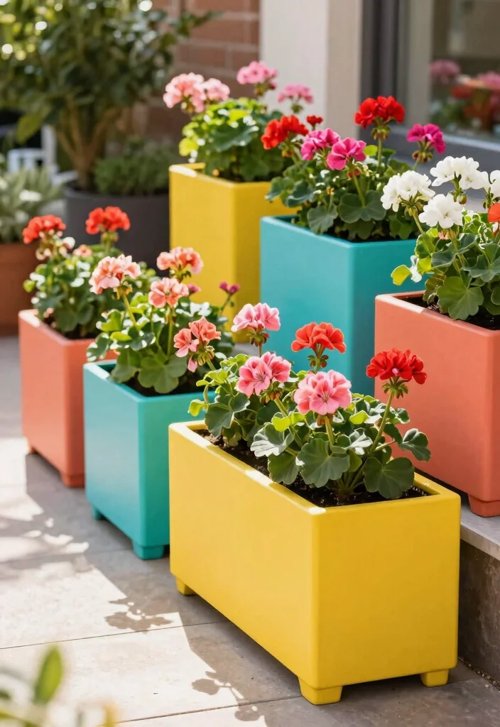 10 Geranium Planter Ideas for Classic Color 7. Playful Color Blocked Planters 0