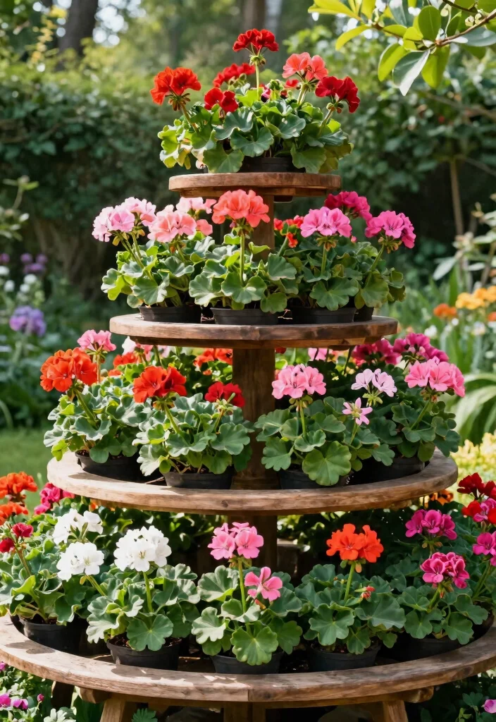 10 Geranium Planter Ideas for Classic Color 8. Creative Tiered Plant Stands 0