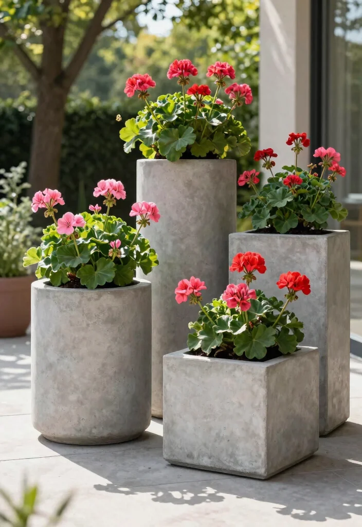 10 Geranium Planter Ideas for Classic Color 9. Stylish Concrete Planters 0