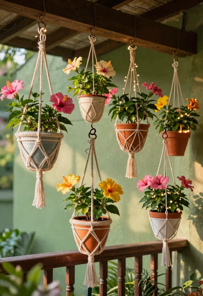 10 Hibiscus Planter Ideas for Tropical Outdoor Style 1. Colorful Hanging Planters 0