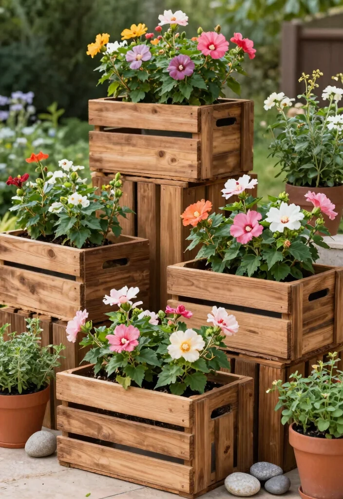10 Hibiscus Planter Ideas for Tropical Outdoor Style 3. Wooden Crates for a Rustic Touch 0