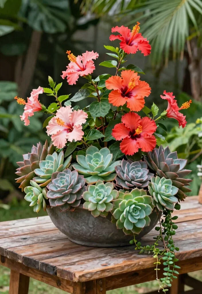 10 Hibiscus Planter Ideas for Tropical Outdoor Style 9. Creative Succulent and Hibiscus Combinations 0