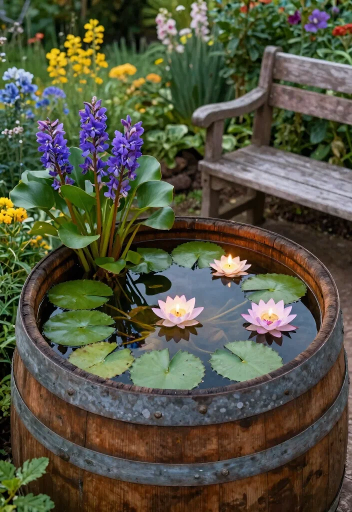 10 Patio Pond Ideas for a Unique Backyard Feature 2. Rustic Wooden Barrel Pond 0