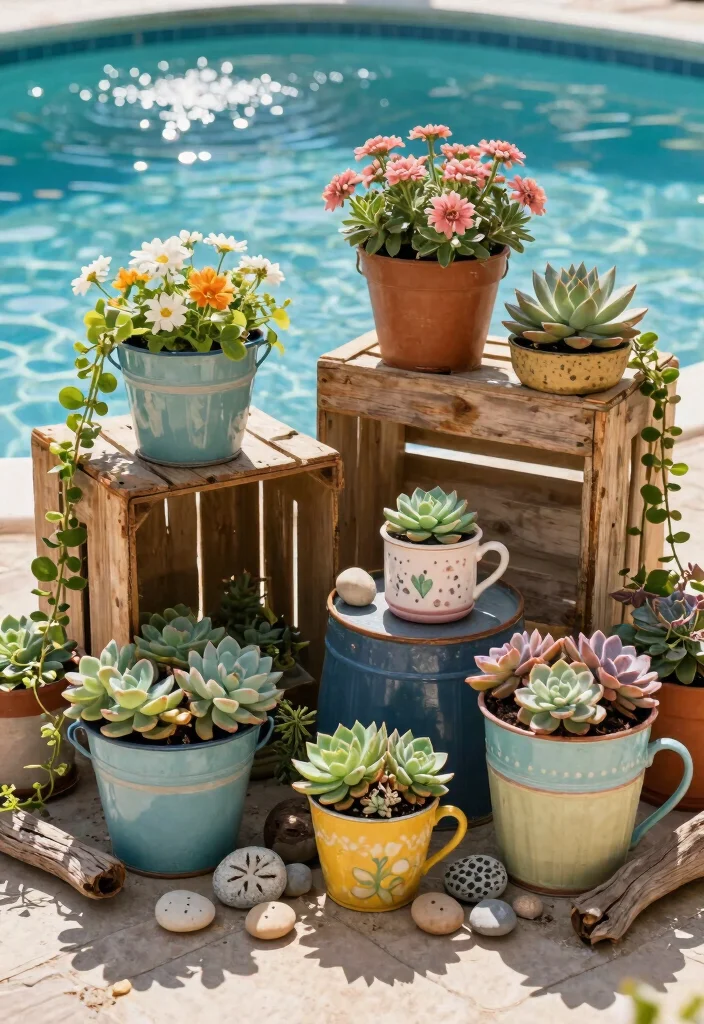 10 Pool Planter Ideas to Soften Hardscape Areas 5. Repurposed Containers for Eco Friendly Style 0