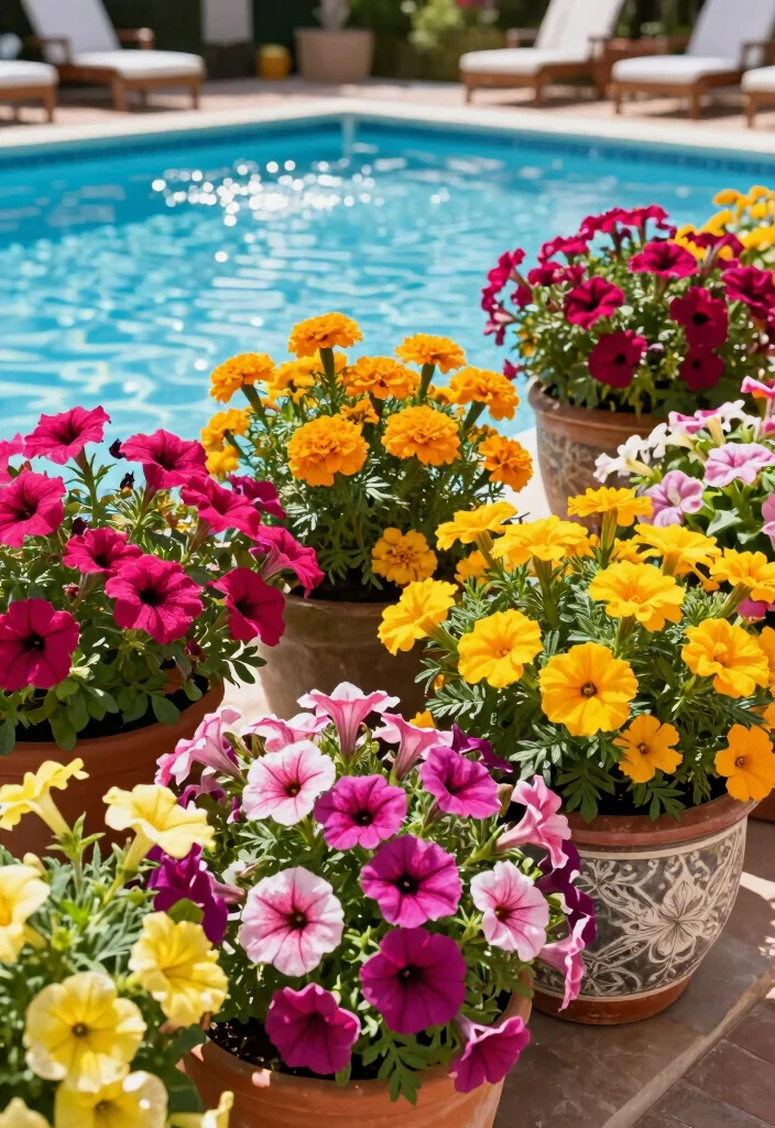 10 Pool Planter Ideas to Soften Hardscape Areas 9. Colorful Annuals for Seasonal Blooms 0