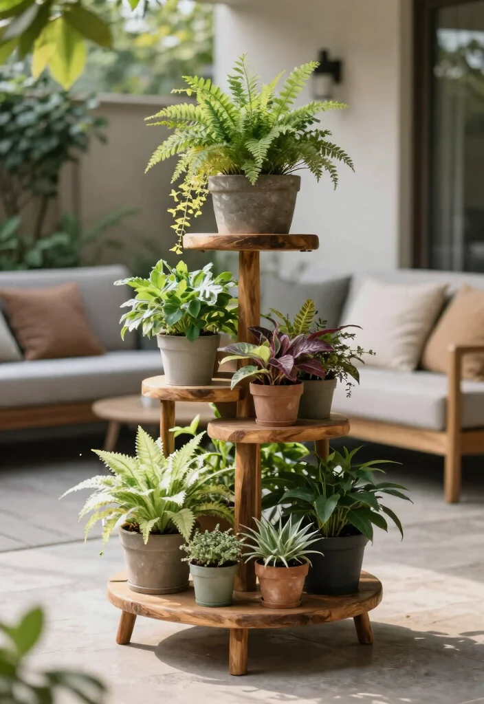 10 Small Apartment Patio Ideas That Maximize Space 7. Utilize Plant Stands for Vertical Display 0