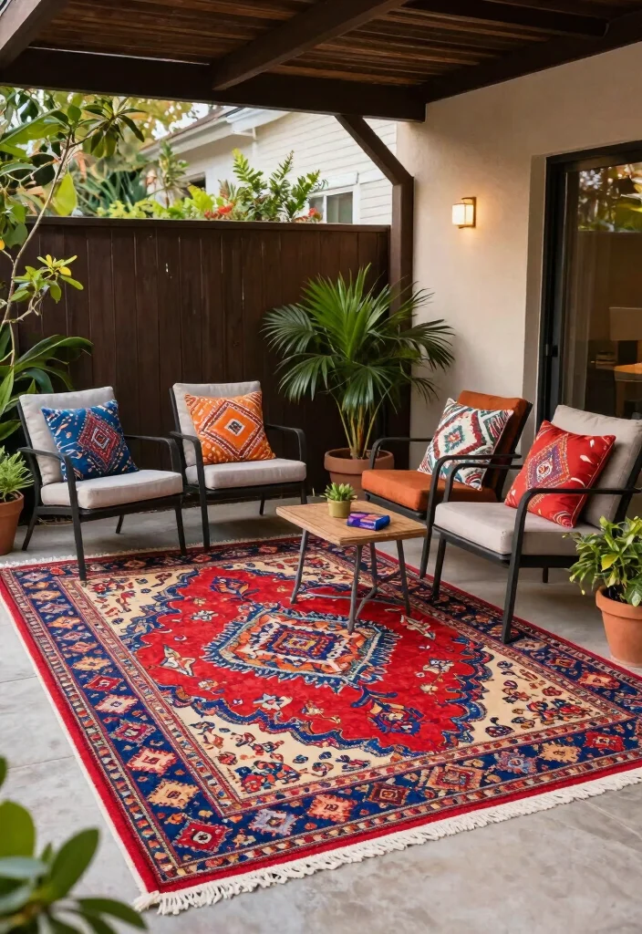 10 Small Covered Patio Ideas for Shade and Comfort 7. Outdoor Rugs for Comfort 0