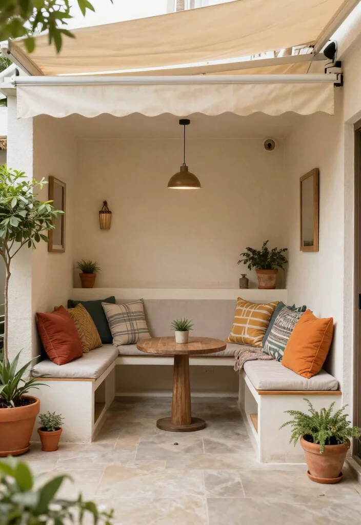 10 Small Covered Patio Ideas for Shade and Comfort 8. Built in Seating 0