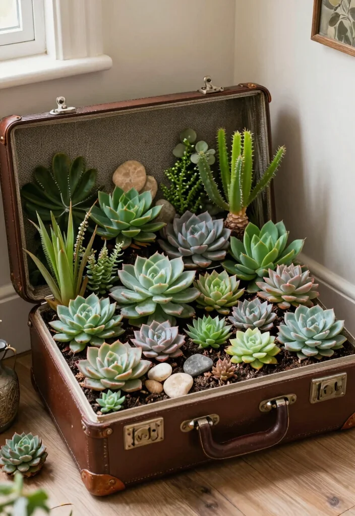 10 Unique Succulent Planter Ideas for Modern Displays 8. Vintage Suitcase Gardens 0