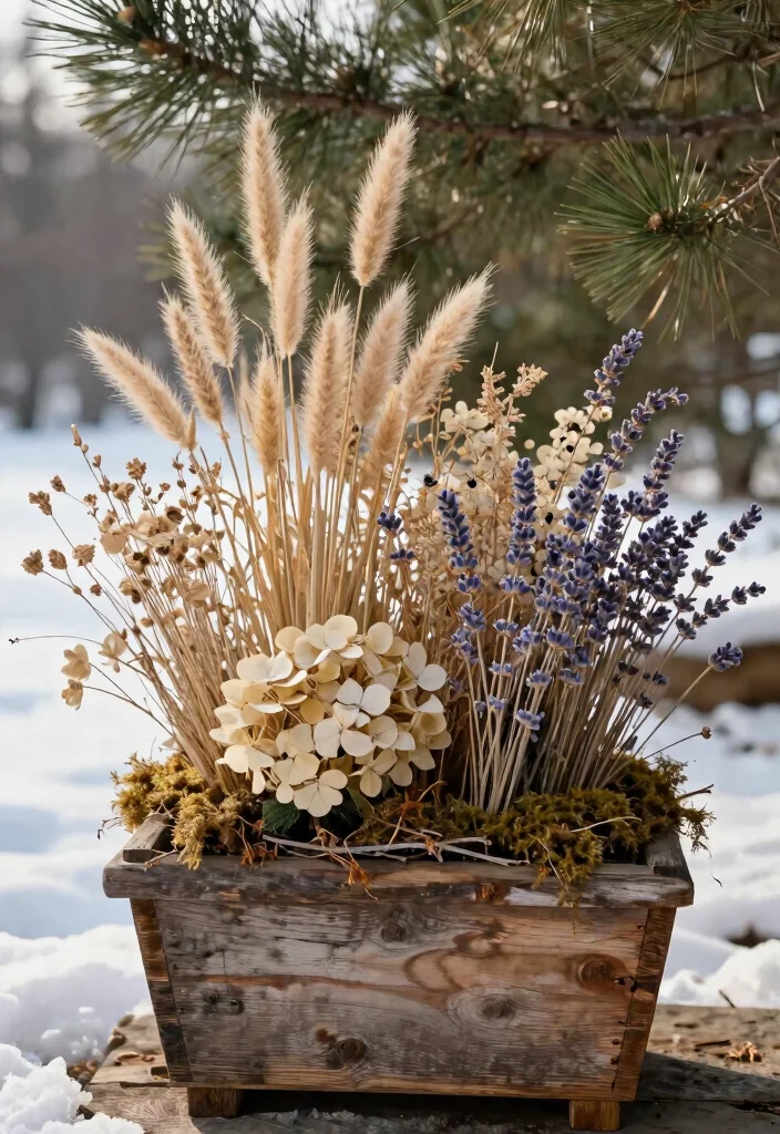 10 Winter Outdoor Planter Ideas for Cold Season Style 3. Rustic Charm with Dried Flowers 0