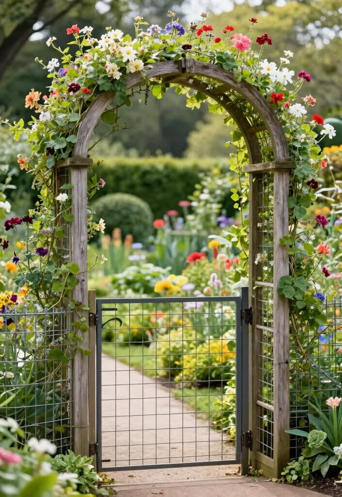 10 Wood and Wire Fence Ideas for Rustic Garden Charm 6. Wire Fencing with Wooden Arches 0