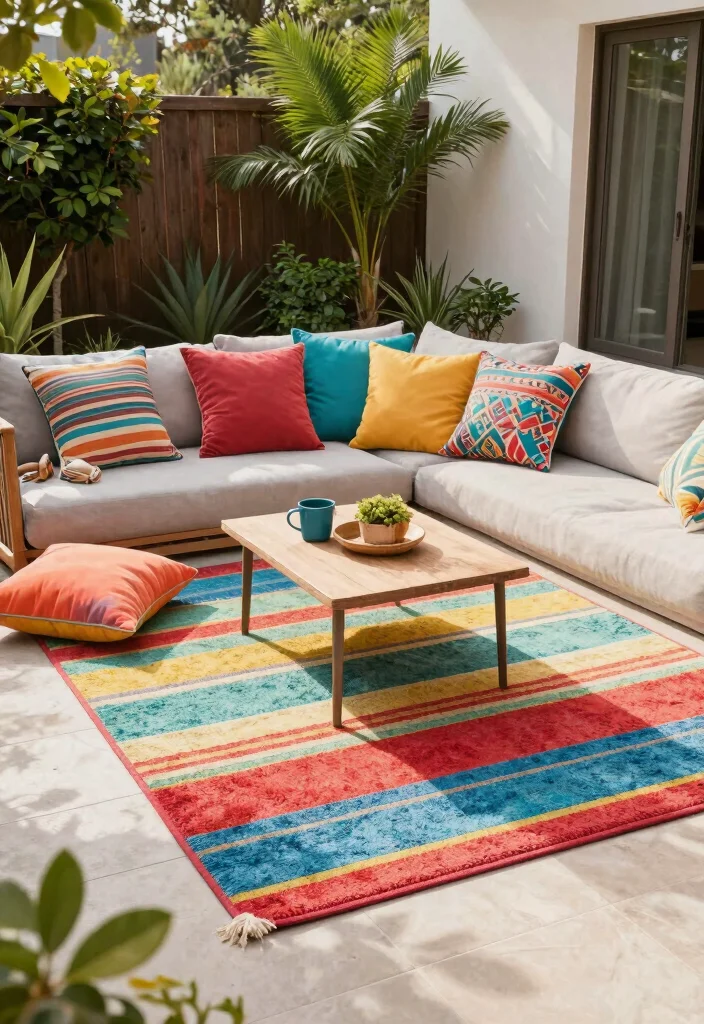 12 Apartment Patio Decorating Ideas That Save Space 6. Outdoor Rugs to Define Spaces 0