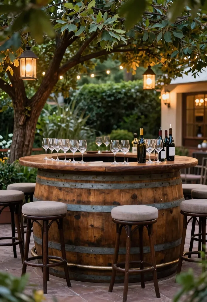 12 Backyard Bar Ideas for Casual Entertaining 6. Rustic Wine Barrel Bar 0