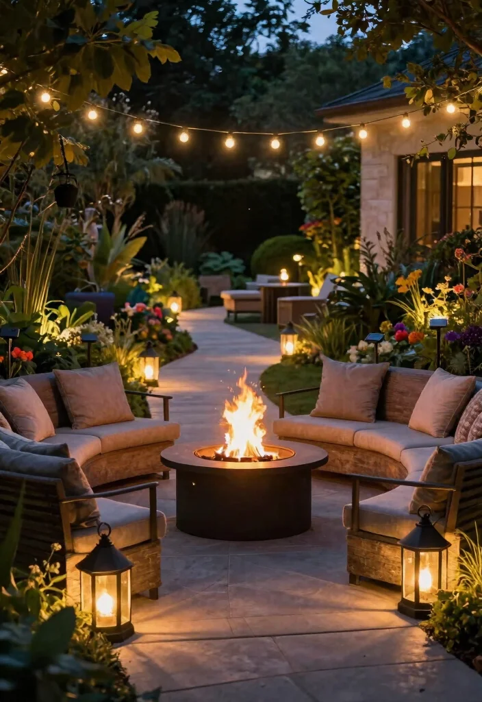 12 Backyard Fire Pit Lounge Area Ideas for Entertaining 8. Sustainable Lighting Solutions 0