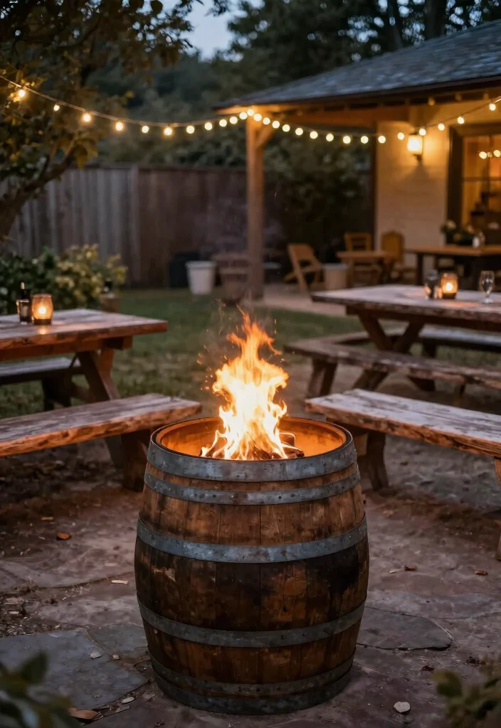 12 Backyard Firepit Ideas That Add Warmth and Style 11. Fire Pit with Upcycled Wine Barrels 0
