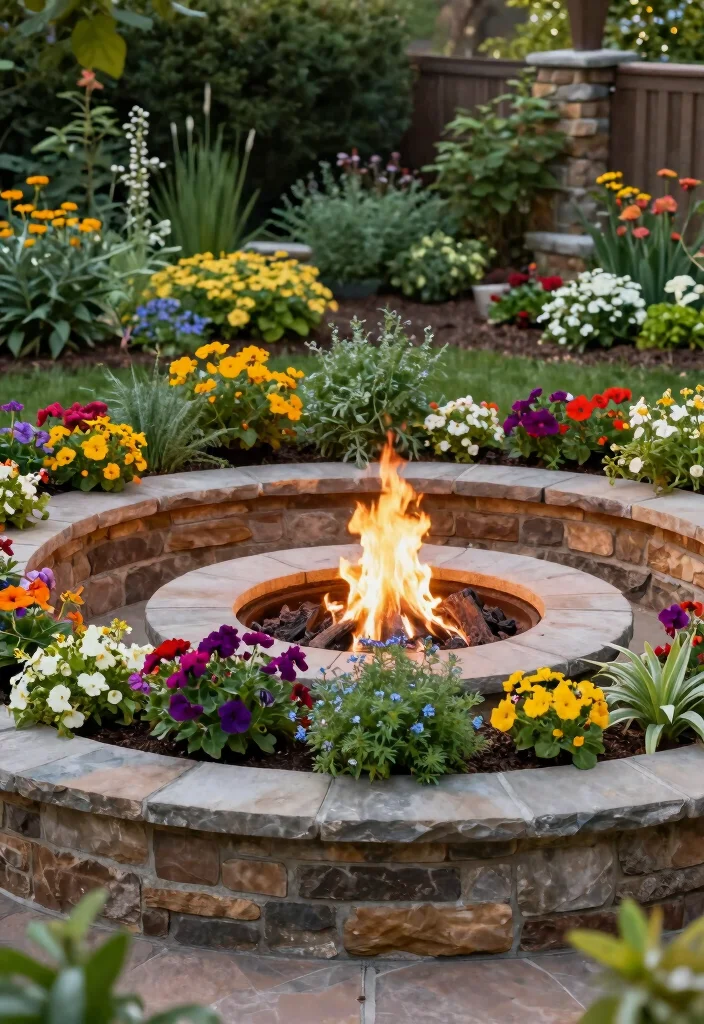 12 Backyard Firepit Ideas That Add Warmth and Style 5. Firepit with Built In Planters 0