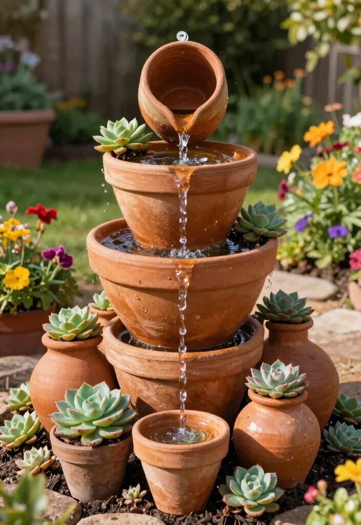 12 Backyard Fountain Ideas for Calm Sound and Movement 10. Pot Fountain 0