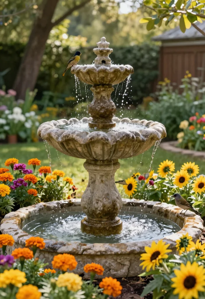 12 Backyard Fountain Ideas for Calm Sound and Movement 4. Rustic Birdbath Fountain 0