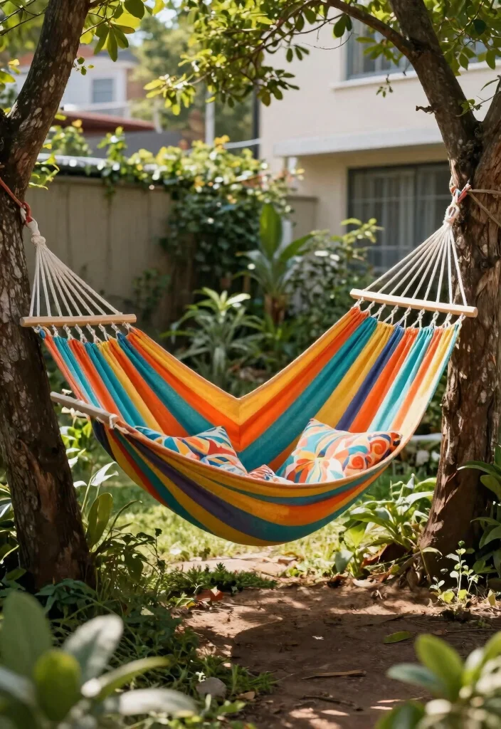 12 Backyard Hammock Ideas for Laid Back Outdoor Relaxation 3. Colorful Fabric Hammock 0