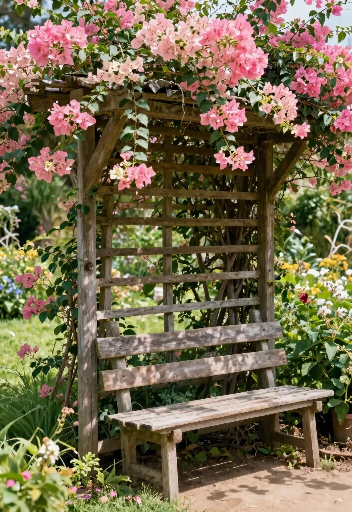 12 Bougainvillea Trellis Ideas for Bright Vertical Color 1. Rustic Wooden Trellis 0