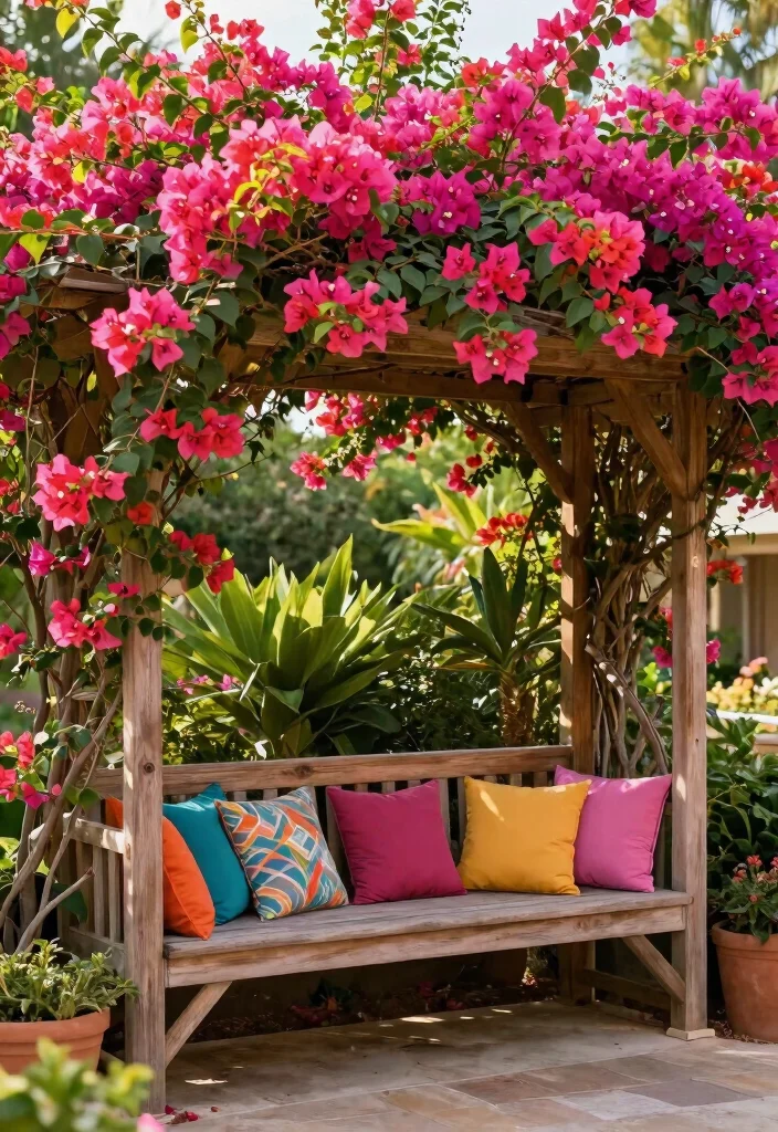 12 Bougainvillea Trellis Ideas for Bright Vertical Color 12. Trellis with Integrated Seating 0