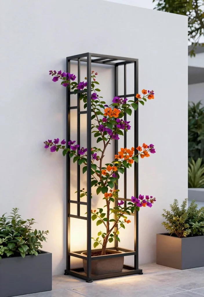 12 Bougainvillea Trellis Ideas for Bright Vertical Color 2. Modern Metal Trellis 0