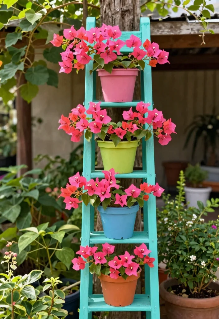 12 Bougainvillea Trellis Ideas for Bright Vertical Color 7. Vertical Garden Ladder 0